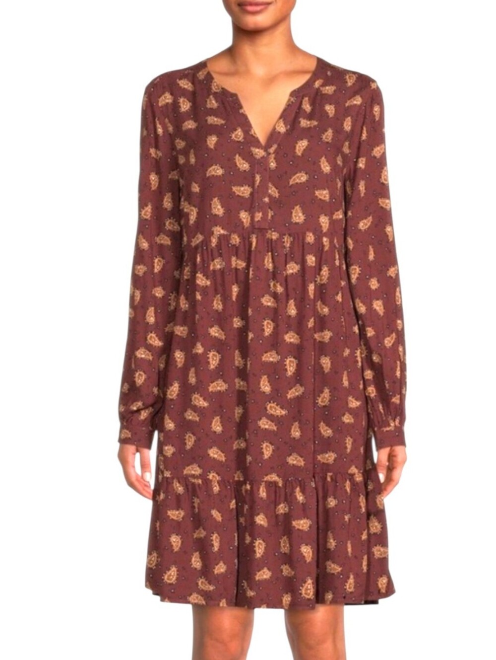BeachLunchLounge NWT Alessi Paisley Tiered Babydoll Dress Maroon Brown Sz Large